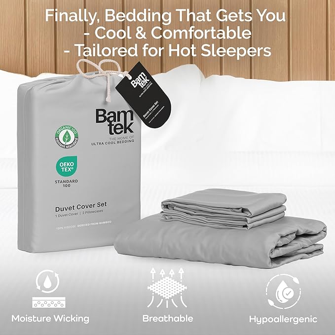 Duvet Cover Set - 100% Viscose Derived from Bamboo Duvet Cover King Size, 3 PC Luxury Cooling Duvet Cover for Hot Sleepers, Buttery Soft Comforter Cover & 2 PC King Pillowcases, Gray Mist