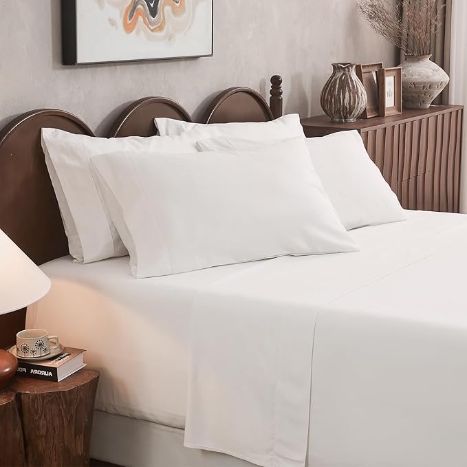 100% Linen Sheet Set Cal King Size Extra Deep Pocket Fits 18-24 Inch Mattress, Breathable & Soft, Smooth 6-Piece Set for Thick Mattresses Hotel Luxury Bedding（Cal King, White）