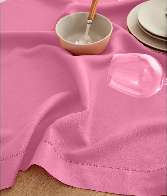 Solino Home Linen Flamingo Pink Table Runner 132 Inches Long - 100% Pure Linen Extra Long Table Runner 14 x 132 Inch for Christmas - Classic Hemstitch