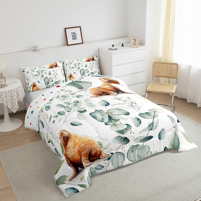 Erosebridal Cartoon Seal Toddler Bedding Sets Toddler Ocean Wildlife Comforter Set, Spring Plant Bedding Comforter Sets Eucalyptus Leaf Duvet Insert, Sea Animal Theme Down Comforter Kids Room Decor