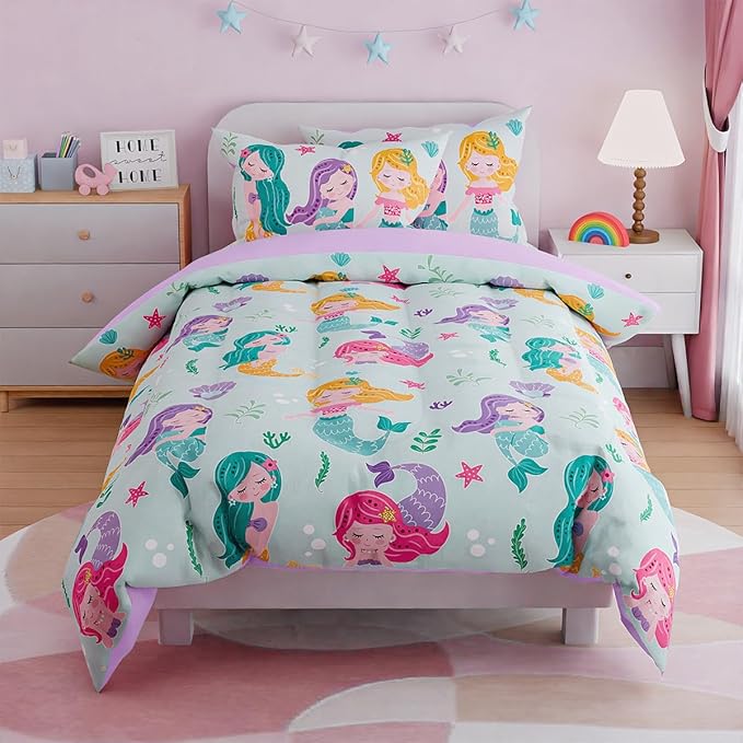 SANDJEST Mermaid Bedding Twin for Girls, Ultra Soft Microfiber Comforter Set Twin Size with 3-Pieces, Comforters Bed Sets for Kid Children Teen Tween Bedroom Decor