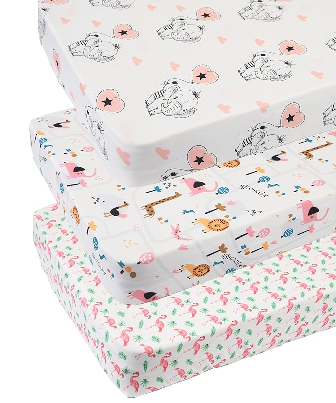 Changing Pad Cover Set 3 Pack Jersey Knit Ultra Soft for Baby Boys Girls Flamingo Elephant & Lion