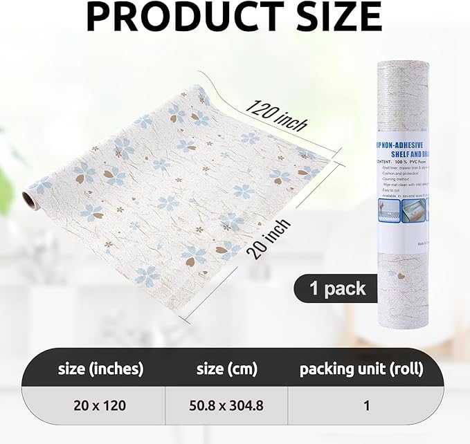 RAY STAR 20X120 Inch Shelf Liner for Kitchen Cabinets, Non-Adhesive Cabinet Liner Washable, PVC Drawer Liner for Dresser Non-Slip Bathroom (Floral)(1 Roll)