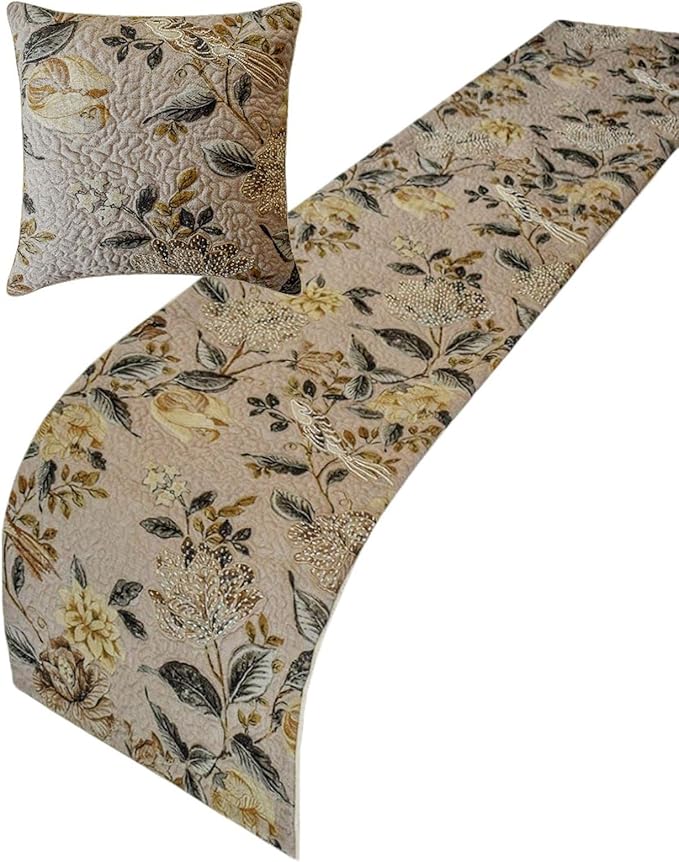 The HomeCentric Beige Bed Runner for King/Queen/Twin Cotton Decorative Bed Scarf 53"x18" Bed Runner Without Pillow Cover, Bird & Floral Bed Scarf Bedroom Décor Accent - Lucinda