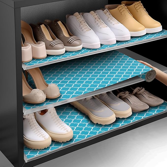 Shelf and Drawer Liner for Kitchen Cabinets Non-Adhesive, Strong Grip Non-Slip Thickened Cabinet Liners for Shelves, Waterproof Mats for Dresser Cupboard, Green/White, 17 in x 10 Feet