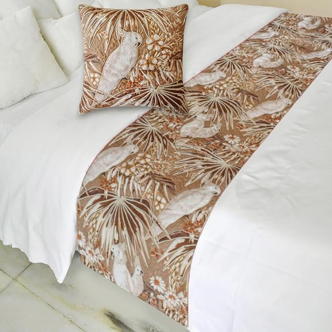 The HomeCentric Beige Bed Runner for King/Queen/Twin Cotton Decorative Bed Scarf 53"x18" Bed Runner Without Pillow Cover, Bird & Floral Bed Scarf Bedroom Décor Accent - Cockatoo Song
