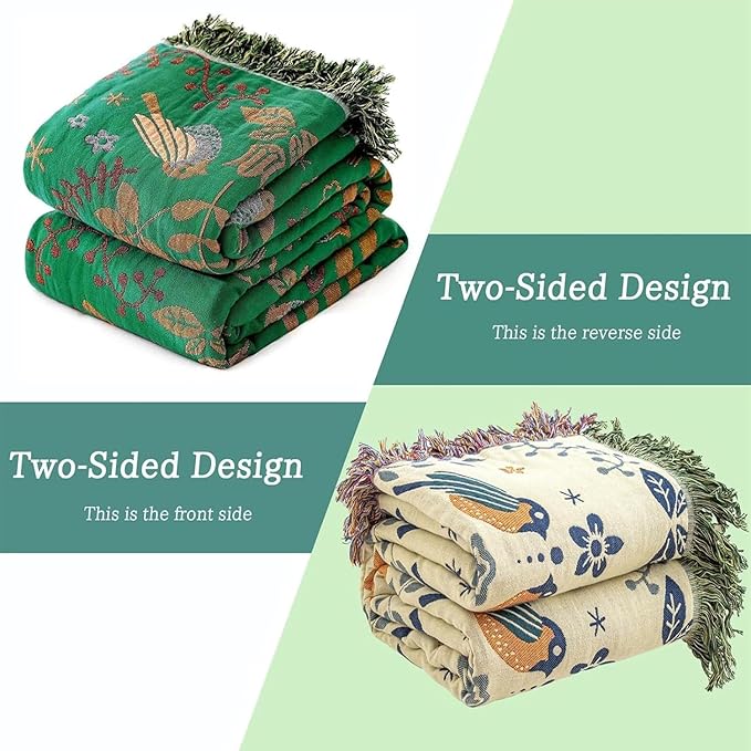 MSGKV Cotton Bed Blanket for Couch and Sofa Blankets for Living Room Bedroom Floral and Birds Throw 80"x90" Breathable Cozy Boho Blankets