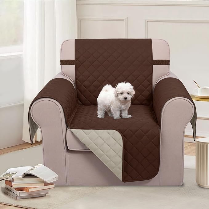 U-NICE HOME Recliner Chair Covers Reversible Chair Cover Pet Covers for Dogs with Elastic Straps Water Resistant Diamond Quilted (23''Recliner Small, Brown/Beige)