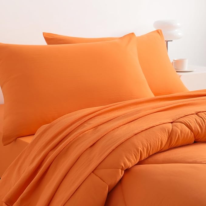 NTBAY Twin Comforter Set with Sheets, 5 Pieces Soft and Breathable Twin Bedding Set, Twin Bed in a Bag, Down Alternative Comforter Set Solid Color All Season, Kids Bedding Set, Orange