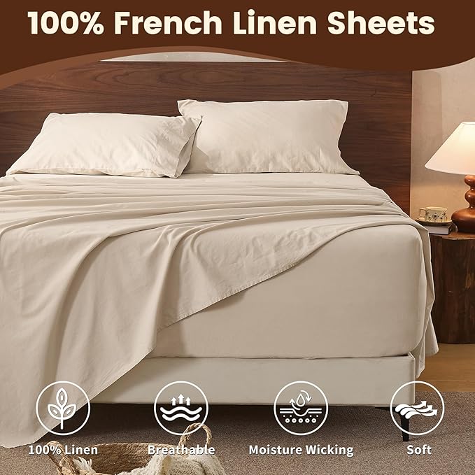 100% Linen Sheet Set Cal King Size Extra Deep Pocket Fits 18-24 Inch Mattress, Breathable & Soft, Smooth 6-Piece Set for Thick Mattresses Hotel Luxury Bedding（Cal King, Linen）
