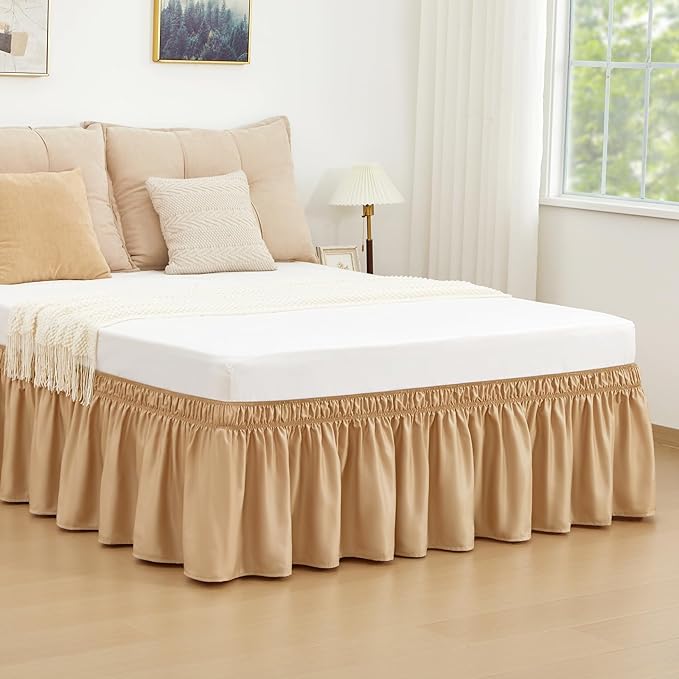 RIMELA Bed Skirt Queen Size Champagne Gold 15 Inch Drop, Wrap Around Elastic Bedskirt, Dust Ruffle for Adjustable Bed Base Soft Durable Fabric Machine Washable Easy to Install Bed Skirts