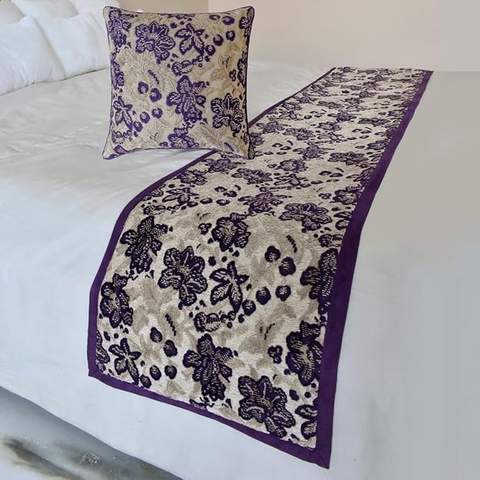 The HomeCentric King/Queen/Twin Purple Decorative CA King 86"x18" Bed Runner with 2 Pillow Cover, Floral, Velvet Bed Scarf on Velvet Fabric - Plum Petal