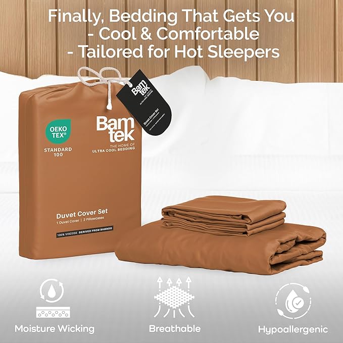 Duvet Cover Set - 100% Viscose Derived from Bamboo Duvet Cover Queen Size, 3 PC Luxury Cooling Duvet Cover for Hot Sleepers, Buttery Soft Comforter Cover & 2 PC Queen Pillowcases, Almond