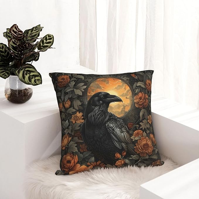 Mystical Raven Art Print Decor, William Morris Abstract Vintage Floral Design 16x16 inches Throw Pillow Covers Square Pillowcases Decor for Bed Couch Sofa Room Cushion Covers