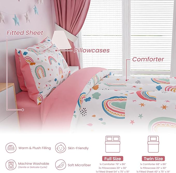 SANDJEST Rainbow Full Bedding Set for Girls, Ultra Soft Microfiber Comforter Set Full Size with 4-Pieces for Kids Teen, Bed Set Comforters for Bedroom Decor