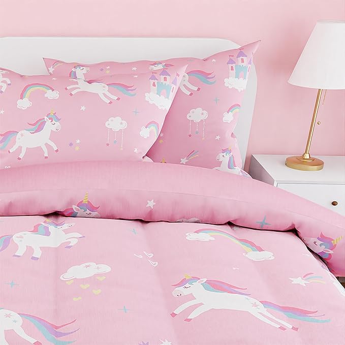 SANDJEST Unicorn Comforter Set Full Size 98x86in for Kids Girls, Microfiber 4 Pcs Bedding Set Includes 1 Comforter, 2 Pillowcases, 1 Fitted Sheet, Nursery Room Decor