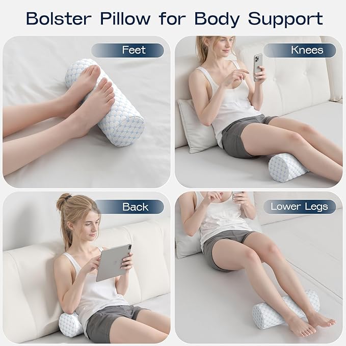 Neck Roll Pillow for Neck Pain Relief - Memory Foam Neck Support Pillow for Bed | Round Neck Pillow for Sleeping, 15.7 * 6 * 6 inch (Cool-Blue)