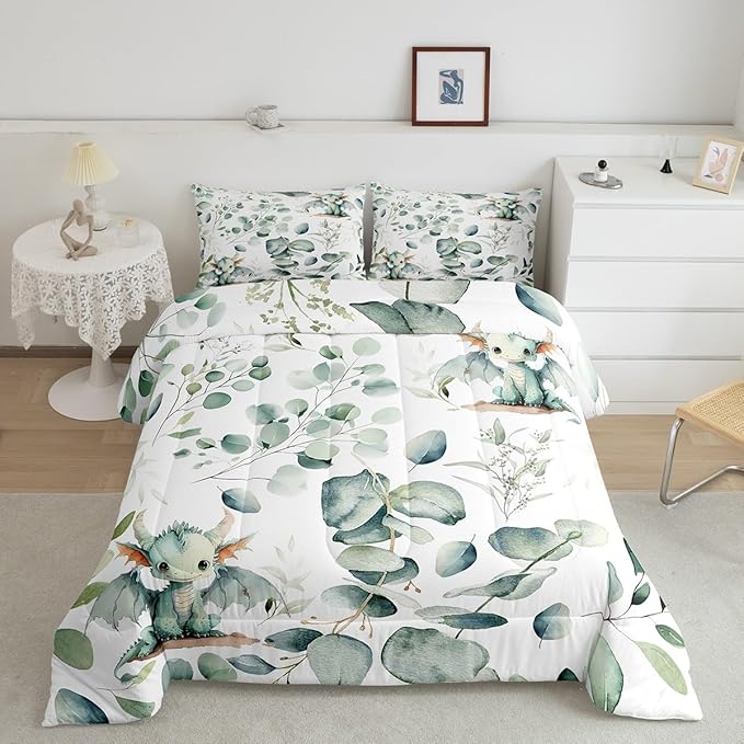 Erosebridal Boys Magic Animal King Comforter Set Cute Dragon Bedding Set King, Cartoon Wildlife Bedding Comforter Sets Green Leaf Duvet Set, Spring Plant Quilted Comforter Child Kids Bedroom Decor