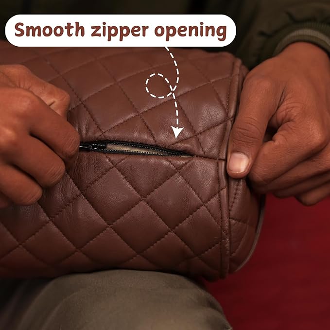 Neck Roll Pillow Cushion Cover, 16x7 Inch Full Moon Round Bolster Pillow Case, Cylinder Soft Lambskin Leather Pillowcase for Head, Spine & Neck Support During Sleep - Quilted Chocolate Brown Pack of 2