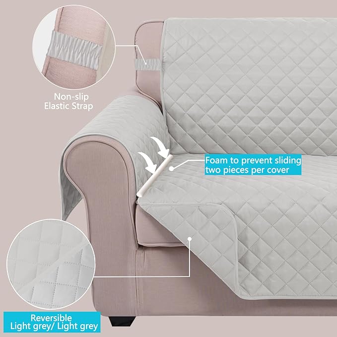 U-NICE HOME Recliner Chair Covers Reversible Chair Cover Pet Covers for Dogs with Elastic Straps Water Resistant Diamond Quilted (23''Recliner Small, Light Grey/Light Grey)