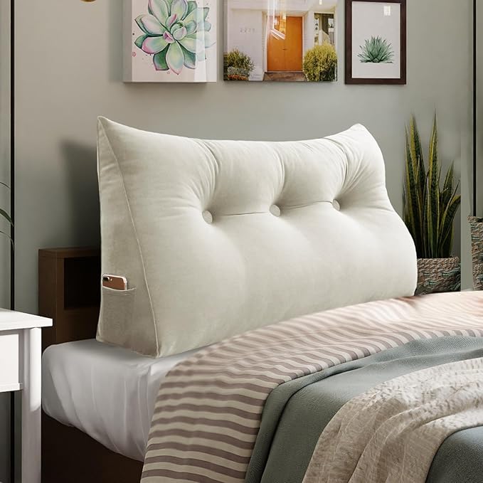 Bed Wedge Headboard Pillow - College Dorm Reading Pillow Back Support While Sitting in Bed - Ergonomic Lumbar Pillow Body Positioning Bed Pillow - Velvet Beige 39IN