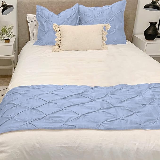 Bed Runner Set - 100% Pure Cotton 800 Thread Count - Luxury 1 Pinch Pleated Bed Runner and 2 Pillow Cover - 3 Piece Pinch Pleated Bed Runner Set California King, Light Blue
