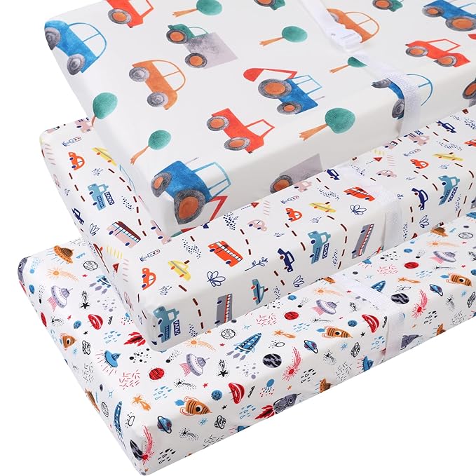 Changing Pad Cover Set 3 Pack Jersey Knit Ultra Soft for Baby Boys Girls Rocket Satellite/Car/Bus