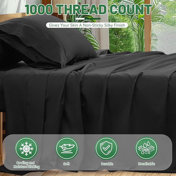 100% Egyptian Cotton Sheets King Size 4PCS 1000 Thread Count Sateen Weave Soft Breathable 16-Inch Deep Pocket （King,Black）
