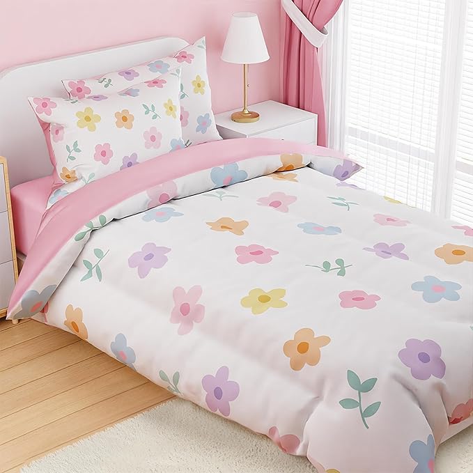 SANDJEST Floral Comforter Set Twin Size 68x86in for Kids Girls, Microfiber 3 Pcs Bedding Set Includes 1 Comforter, 1 Pillowcase, 1 Fitted Sheet, Nursery Room Decor