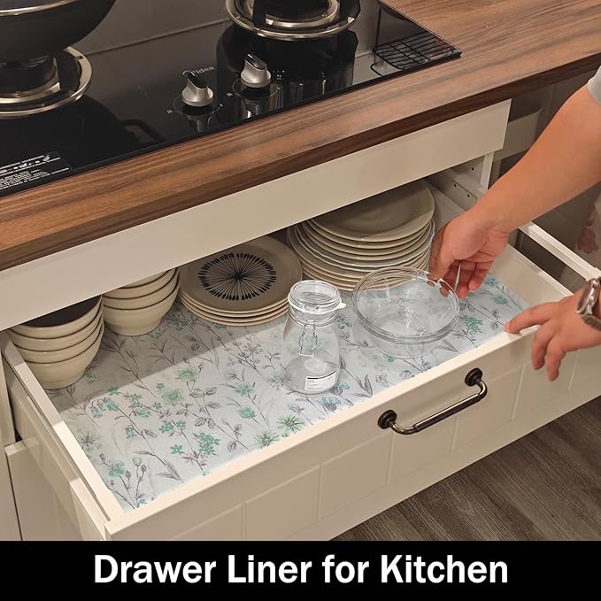 Blue and Green Floral Shelf Liners Non Adhesive and Strong Non-Slip Shelf and Drawer Liners for Kitchen Cabinet Wire Fridge, Waterproof Shelf Drawer Liner,Easy to Clean,12IN x 10FT