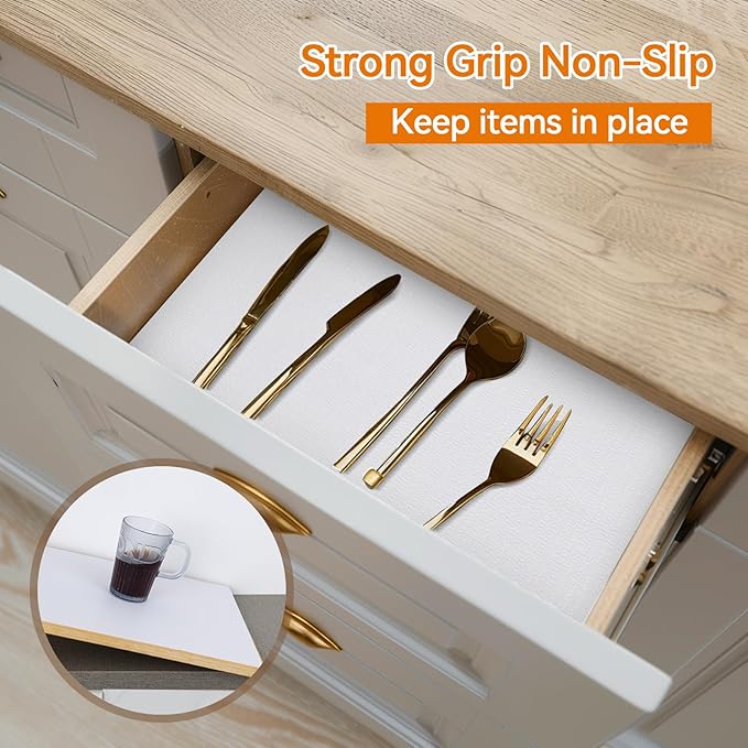 Shelf and Drawer Liner for Kitchen Cabinets Non-Adhesive, Strong Grip Non-Slip Thickened Cabinet Liners for Shelves, Waterproof Mats for Dresser Cupboard, White, 24 in x 10 Feet