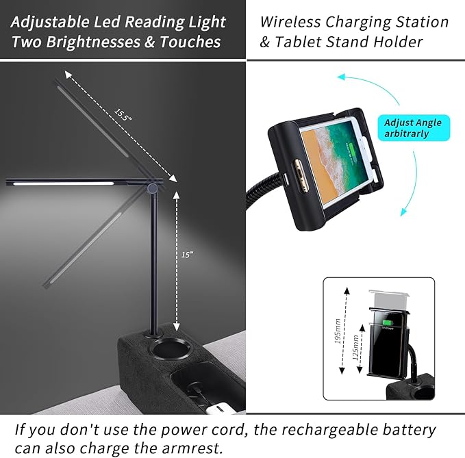 Multifunctional Sofa Armrest, Couch Armrest with Wireless Charge Stand, Removable Couch Caddy with Storage,Including LED Reading Light, Midnight