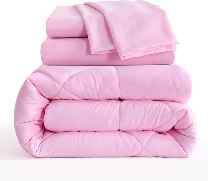 NTBAY Twin Comforter Set with Sheets, 5 Pieces Soft and Breathable Twin Bedding Set, Twin Bed in a Bag, Down Alternative Comforter Set Solid Color All Season, Kids Bedding Set, Pink