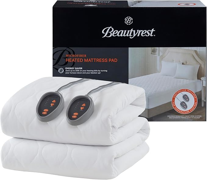 Beautyrest Cotton Blend Heated Mattress Pad Secure Comfort Technology - Luxury Quilted Electric Mattress Pad with Deep Pocket - 5-Setting Heat Controllers, Cal King, White
