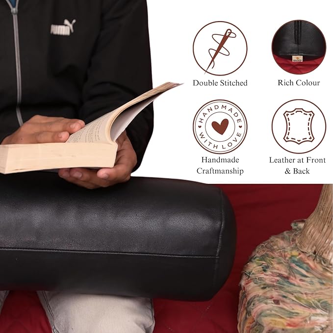 Neck Roll Pillow Cushion Cover, 22x7 Inch Full Moon Round Bolster Pillow Case, Cylinder Soft Lambskin Leather Pillowcase for Head, Spine & Neck Support During Sleep - Black Pack of 2