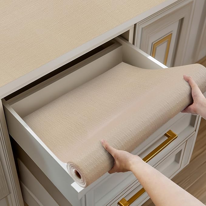 Shelf and Drawer Liner for Kitchen Cabinets Non-Adhesive, Strong Grip Non-Slip Thickened Cabinet Liners for Shelves, Waterproof Mats for Dresser Cupboard, Khaki, 23 in x 10 Feet