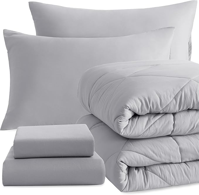 NTBAY Twin Comforter Set with Sheets, 5 Pieces Soft and Breathable Twin Bedding Set, Twin Bed in a Bag, Down Alternative Comforter Set Solid Color All Season, Kids Bedding Set, Light Grey