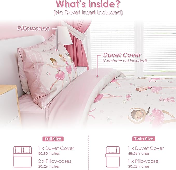 SANDJEST Ballet Duvet Cover Sets Twin Size for Kids Girls, Include 1 Polyester Comforter Cover 68x86 Inches and 1 Pillowcase 20x26 Inches, Comforter Not Included, Gift for Christmas Birthday