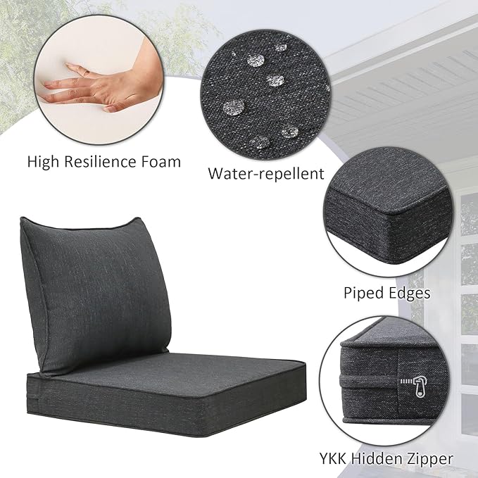 Outdoor Patio Chair Cushions Set, 22" x 22", Set of 2, Water-Repellent, Fade Resistant, Deep Seat Bottom and Back Cushion for Backyard, Couch, Sofa and Patio Furniture, Charcoal