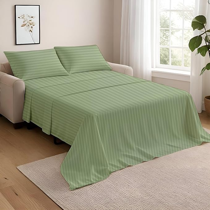 NON Sticky cotton Full Size Sleeper Sofa Sheets, 4 Piece Egyptian Cotton Bed Sheet Set for Sofa Bed, 7" Deep Pocket for Pull Out Couch Mattress, 54" x 75", Sage Stripe, Soft & Breathable