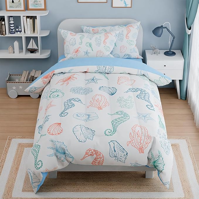 Kids Bedding Set for Girls Boys, Ultra Soft Microfiber Comforter Set Twin Size with 3-Pieces, Seashell Ocean Comforters Bed Sets for Kid Children Teen Tween Bedroom Decor
