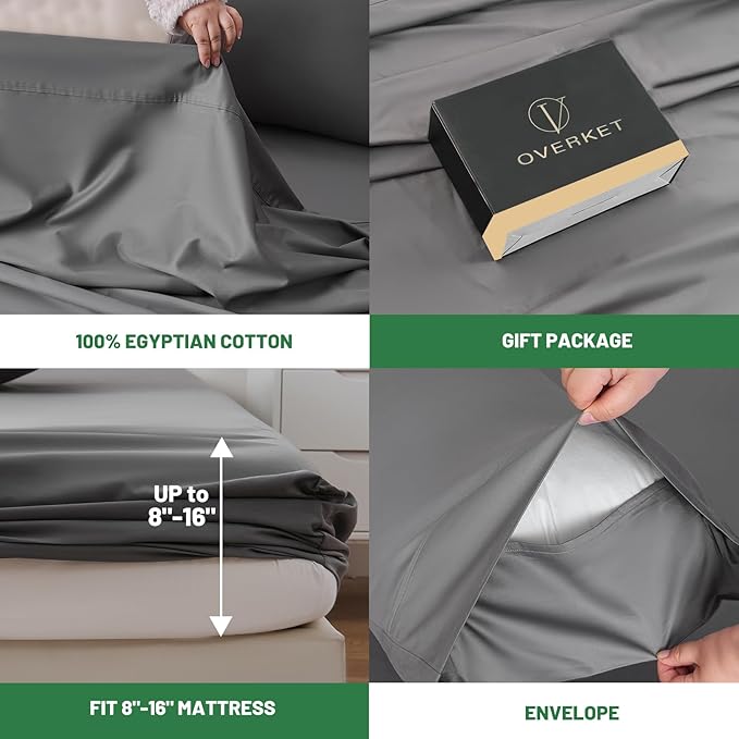 100% Egyptian Cotton Sheets King Size 4PCS 1000 Thread Count Sateen Weave Soft Breathable 16-Inch Deep Pocket （King,Dark Grey）