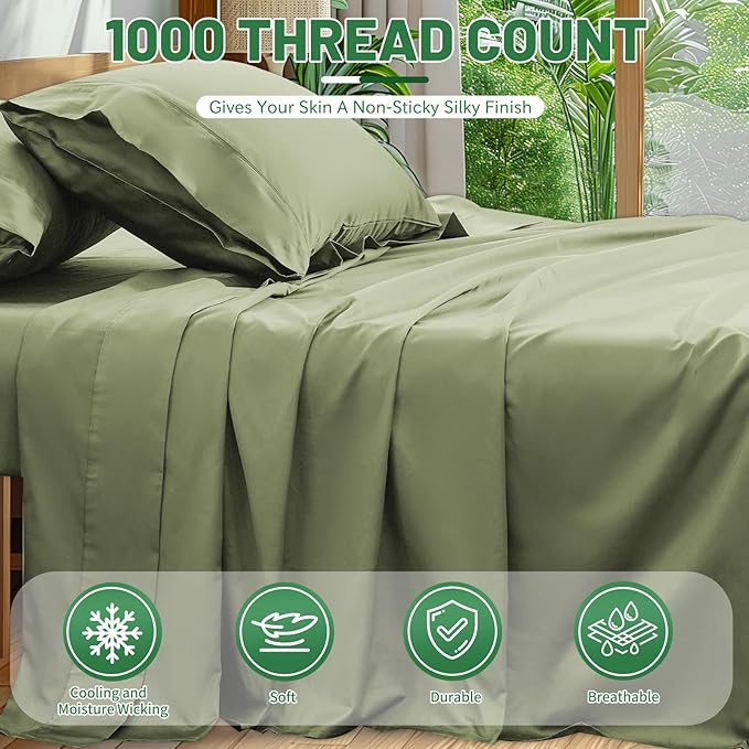 100% Egyptian Cotton Sheets Cal King Sheet Set 1000 Thread Count Sateen Weave Soft Breathable 16-Inch Deep Pocket 4PCS（California King,Olive Green）