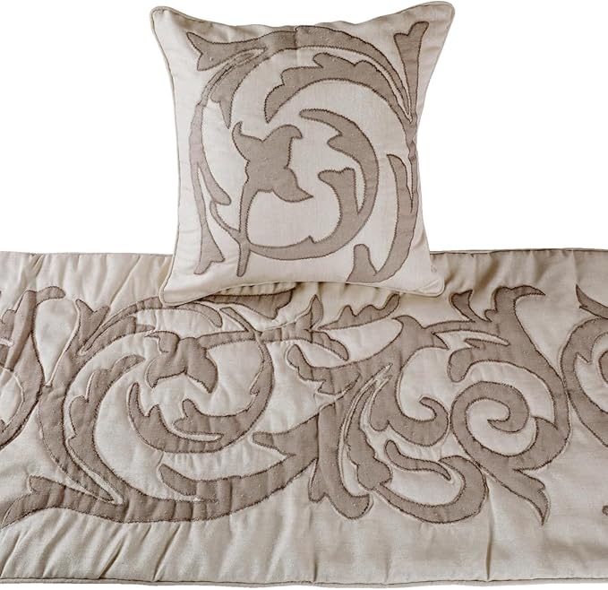 The HomeCentric Luxury Ivory & Beige Twin 53 x 18 inch Bed Runner with 2 Pillow Cover, Linen Lurex Applique Bed Scarf, Abstract Modern - Pretty Dainty