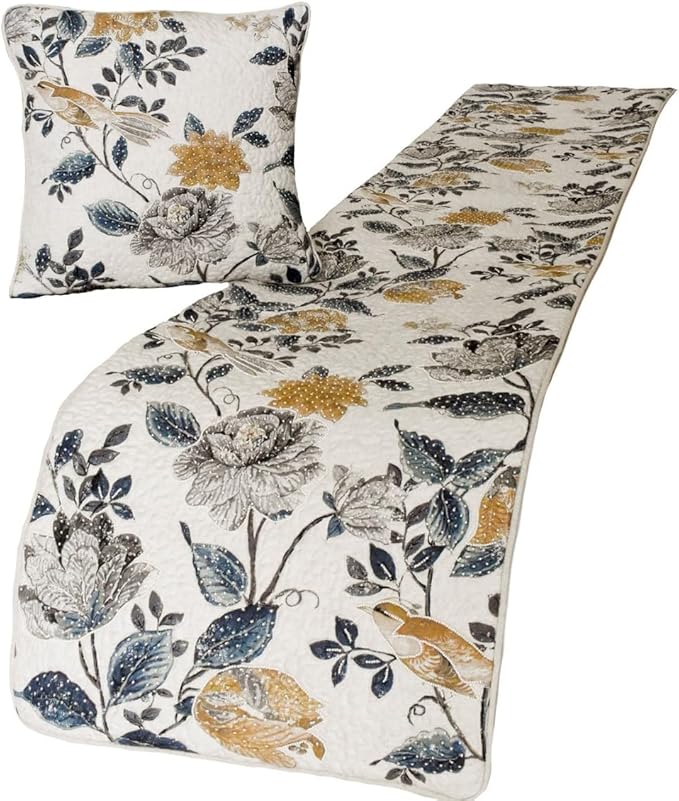 The HomeCentric King/Queen/Twin Blue & Ivory Designer King 90"x18" Bed Runner with Pillow Cover, Bird, Pearl & Quilted Bed Scarf on Linen Fabric - Vintage Birdena
