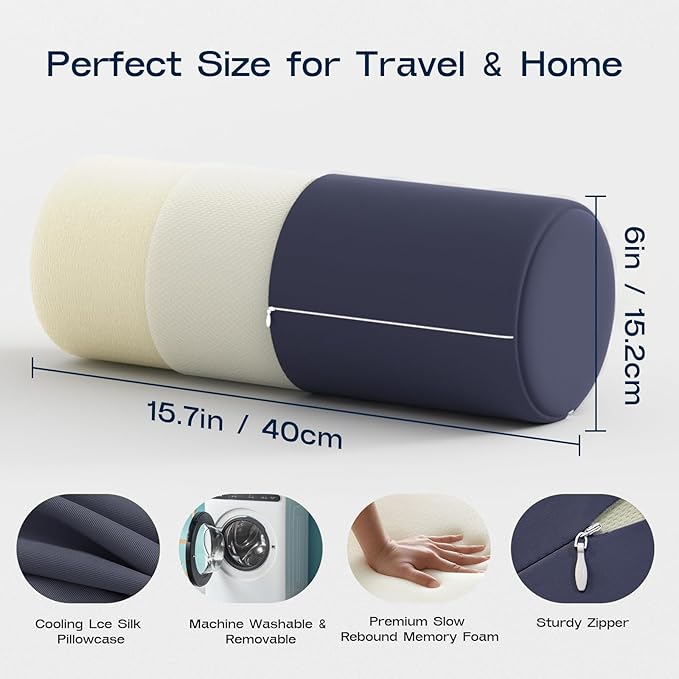 Neck Roll Pillow for Neck Pain Relief - Memory Foam Neck Support Pillow for Bed | Round Neck Pillow for Sleeping, 15.7 * 6 * 6inch ((Navy-Blue)