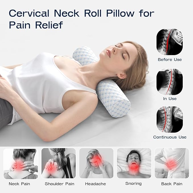 Neck Roll Pillow, Memory Foam Neck Support Pillows, Round Neck Pillows, Cylinder Bolster Pillows for Bed, Couch, and Yoga, Removable Washable Cover,18 * 4.1 * 4.1inch (Cool-Blue)