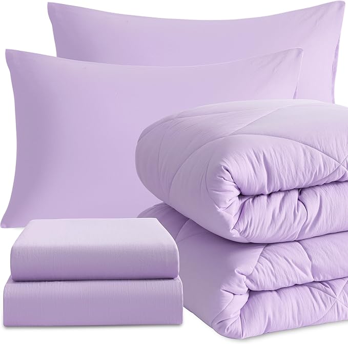 NTBAY Twin Comforter Set with Sheets, 5 Pieces Soft and Breathable Twin Bedding Set, Twin Bed in a Bag, Down Alternative Comforter Set Solid Color All Season, Kids Bedding Set, Light Purple