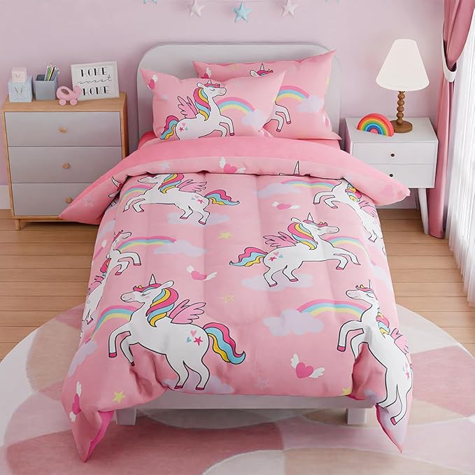 SANDJEST Unicorns Bedding Twin Set for Girls Kids Children, Ultra Soft Microfiber Comforter Set with 3-Pieces, Comforters Bed Sets Bedroom Decor