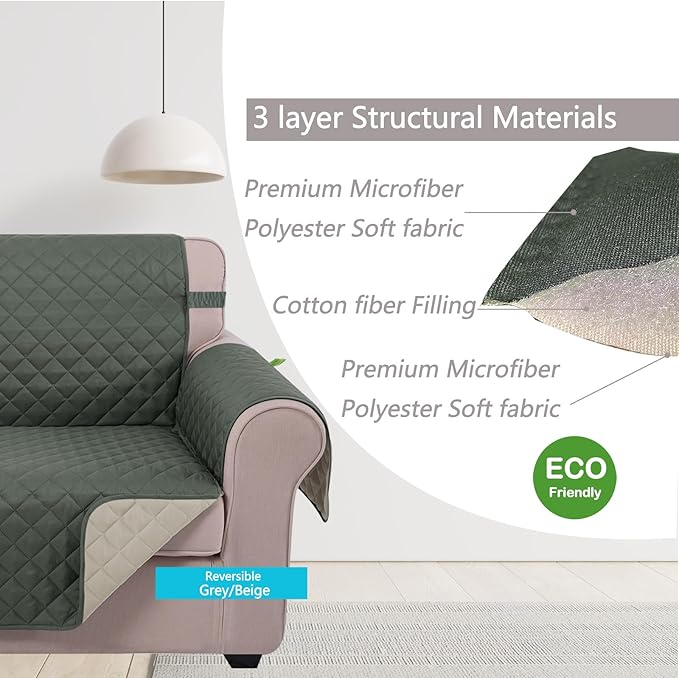 U-NICE HOME Recliner Chair Covers Reversible Chair Cover Pet Covers for Dogs with Elastic Straps Water Resistant Diamond Quilted (28''Recliner Oversized, Grey/Beige)